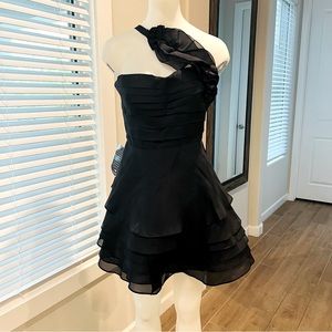 Bebe organza multi layered one shoulder dress